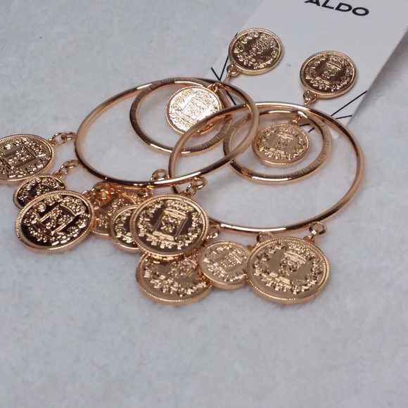 Hoop Coin Pierce Earrings Gold Tone Aldo - Picture 2 of 5